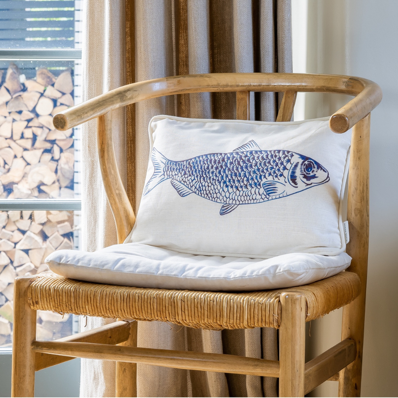 Kate Stein - Fish lumbar cushion in royal blue and white