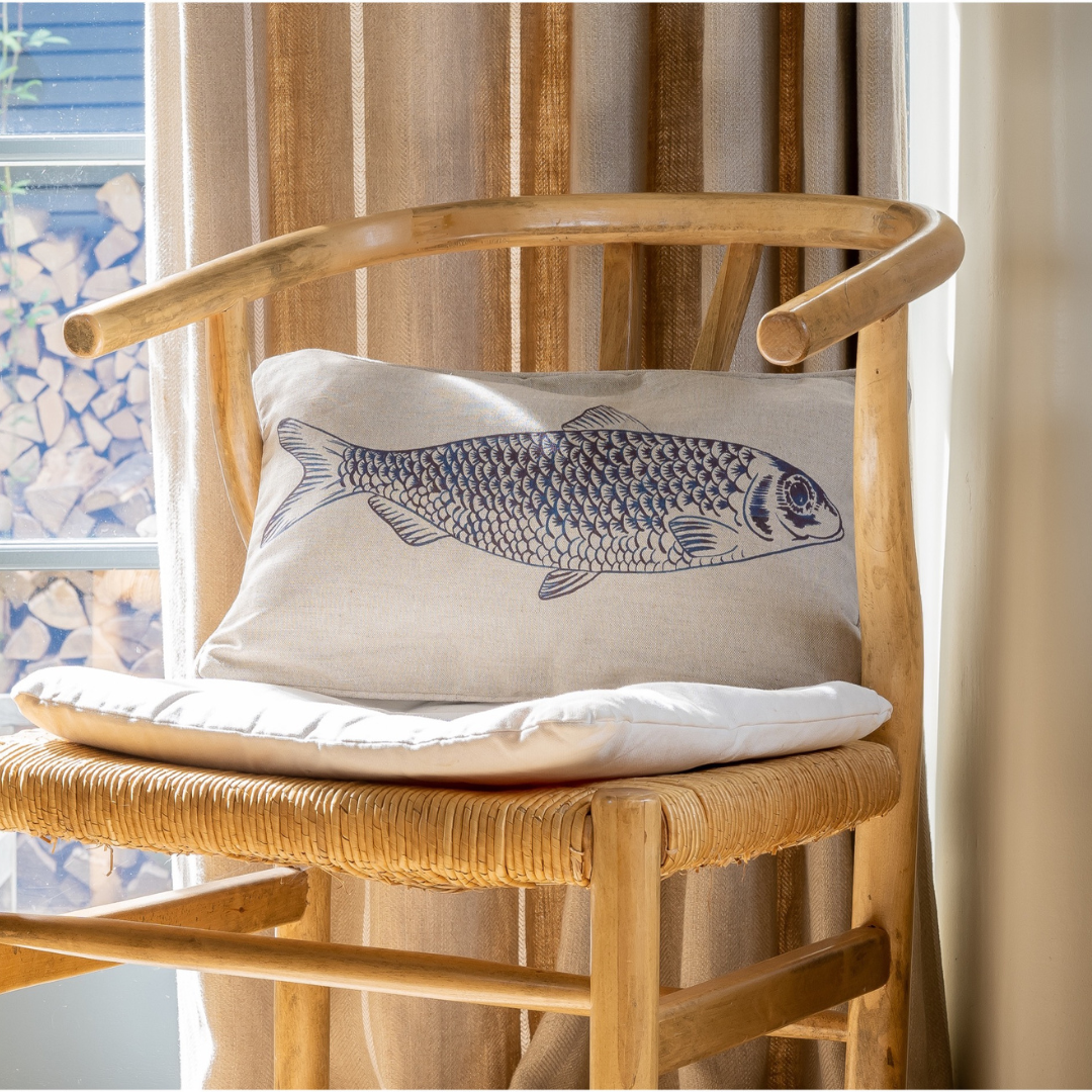 Kate Stein Fish lumbar cushion in natural with indigo print