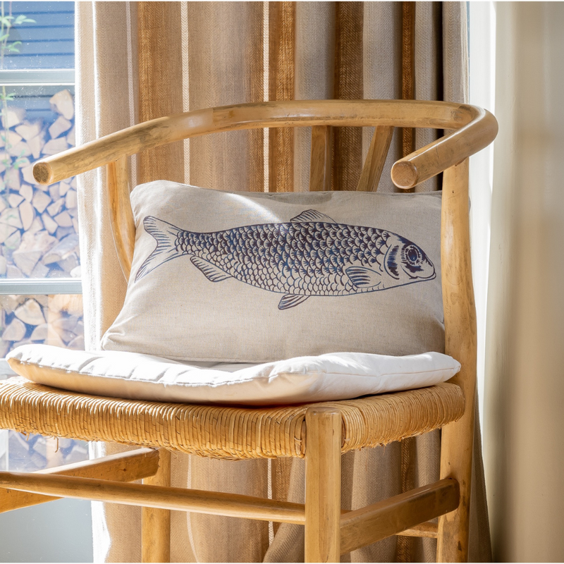 Kate Stein - Fish lumbar cushion in natural with indigo print